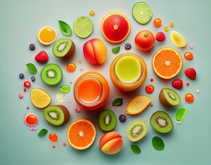 jugo brillante salpicado de frutas frescas- vibrantes explosiones de l&iacute;quido naranja