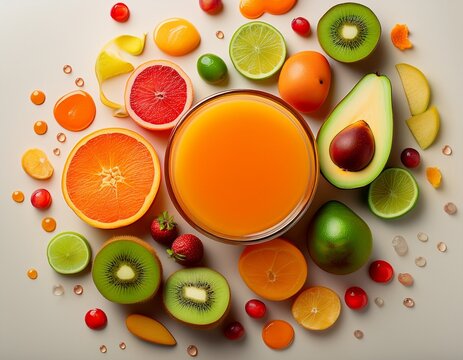 jugo brillante salpicado de frutas frescas- vibrantes explosiones de l&iacute;quido naranja