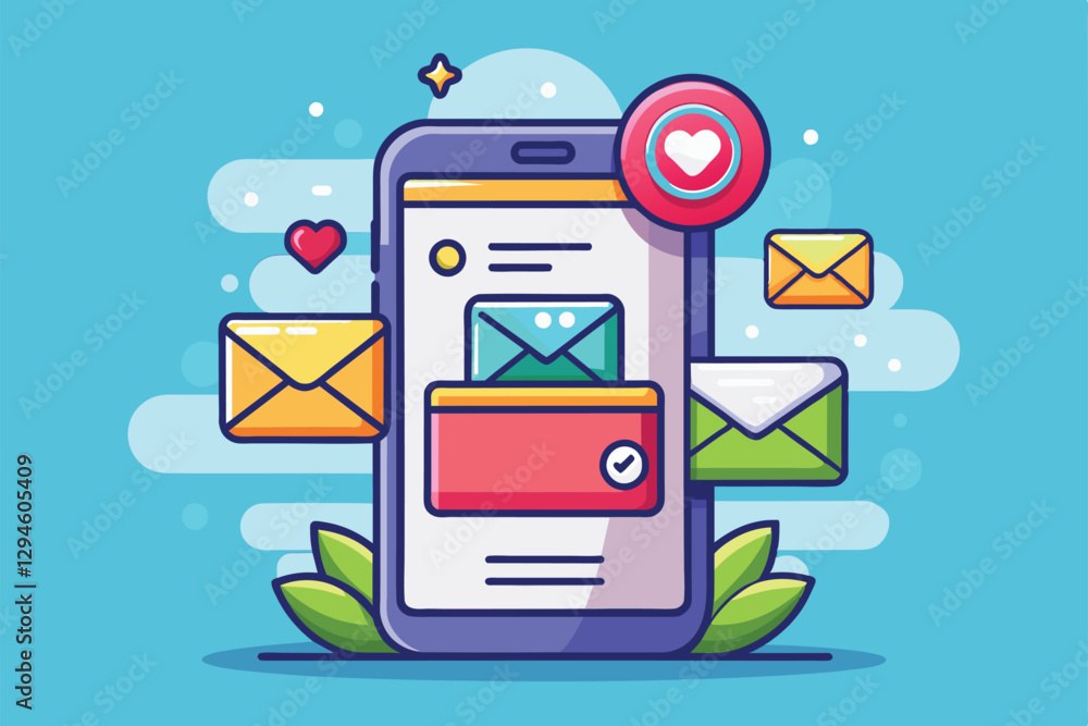 Poster a vibrant cartoon representation of a mobile inbox showcasing customizable message icons and notific