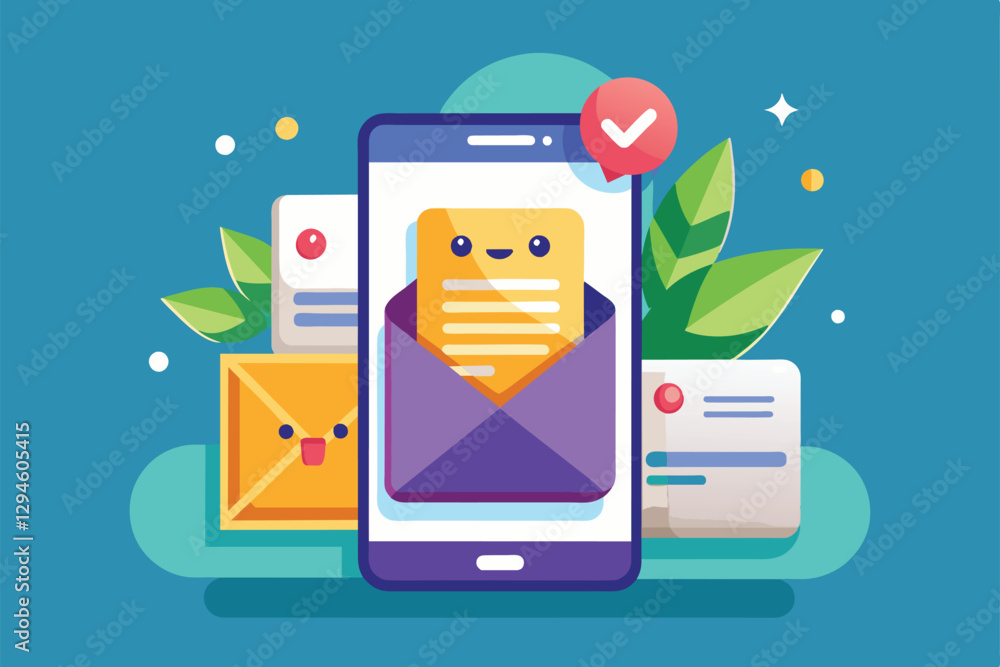 Poster a cheerful mobile inbox displays customizable messages with various colorful envelopes in the backgr