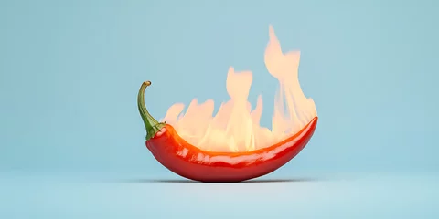Canvas schilderij Hete pepers Fiery Hot Pepper: Red chili pepper engulfed in flames against a light blue background. Symbolizing extreme spice and heat.  © A2Z AI 