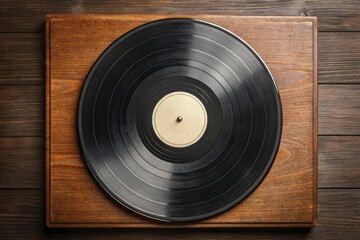 Vintage vinyl record rests elegantly on wooden turntable.