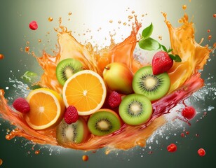jugo brillante salpicado de frutas frescas- vibrantes explosiones de líquido naranja