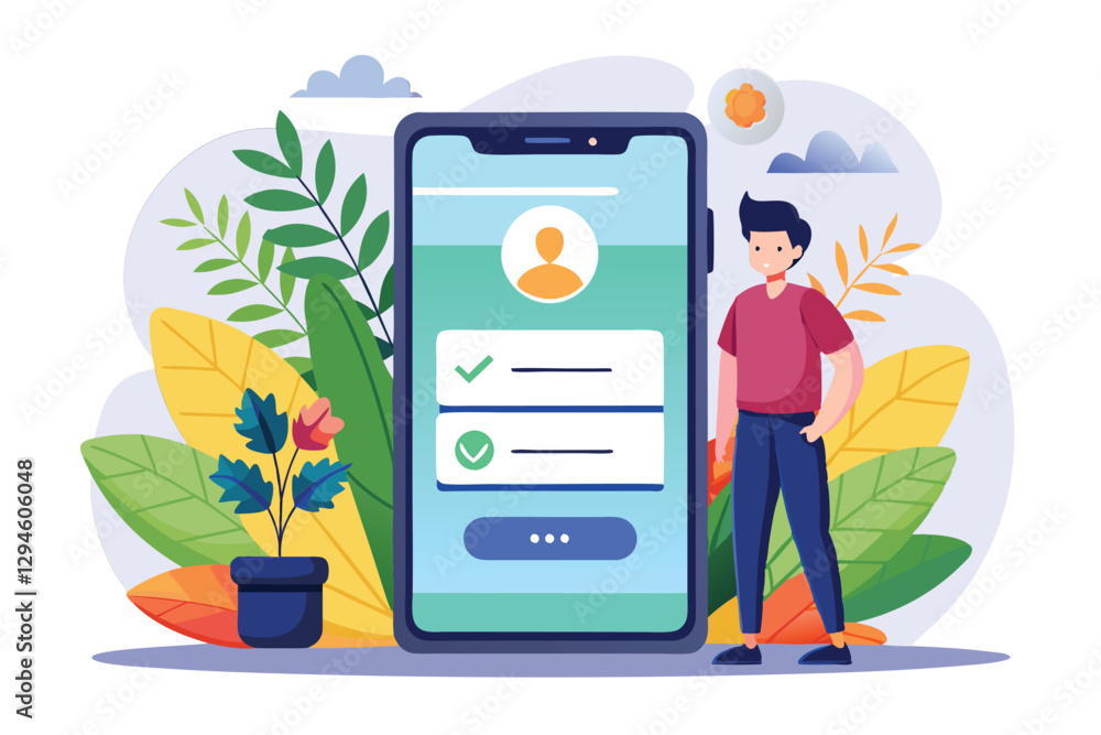 Poster a user stands next to a mobile device displaying a customizable login screen surrounded by lush gree