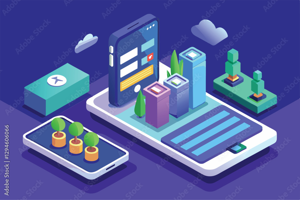 Poster a vibrant isometric illustration of a mobile login interface featuring customizable elements and vis