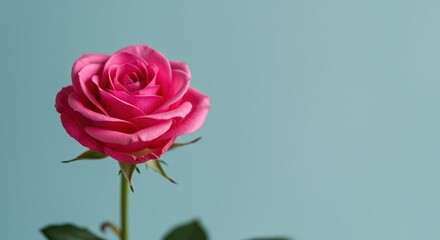Fototapeta premium Pink rose on white background with copy space. Beautiful flower for love, romance, Valentine's Day, Mother's Day concepts. Floral design element for greeting card, banner, website