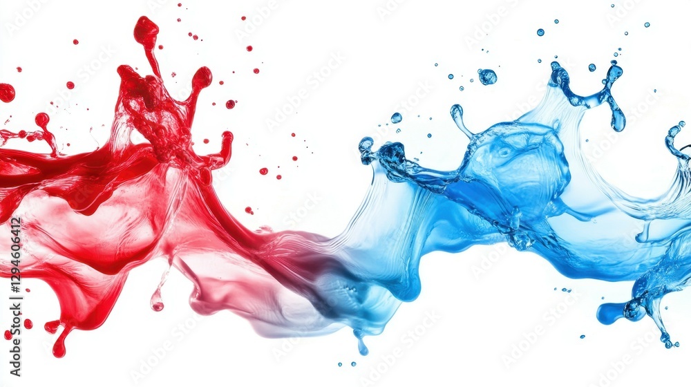 Poster dynamic abstract liquid art with red and blue splashes in motion
