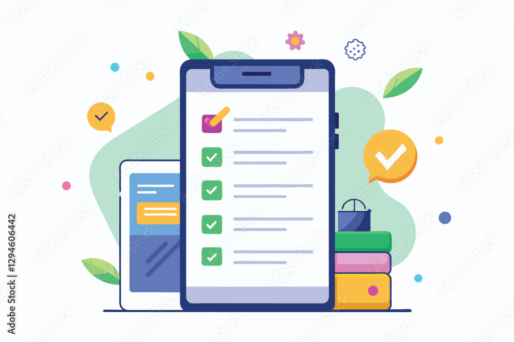Poster a colorful illustration showing a mobile note list app for managing tasks and reminders effectively,