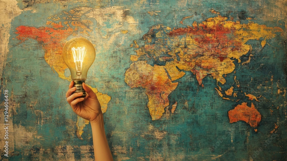Aufkleber global energy consumption is displayed by a hand holding a light bulb in front of a world map. this 