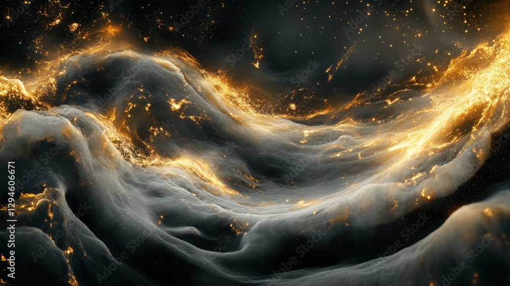 Poster dynamic wave patterns with glowing particles in a dark atmosphere