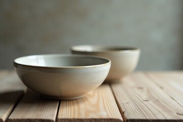 Empty ceramic bowls on a wooden surface