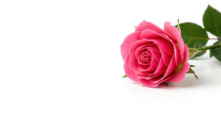 Pink rose on white background with copy space. Beautiful flower for love, romance, Valentine's Day, Mother's Day concepts. Floral design element for greeting card, banner, website