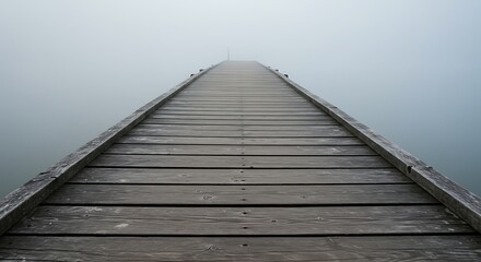 Obraz premium Wooden Pier Disappearing Into Foggy Mist Over Water Perspective View