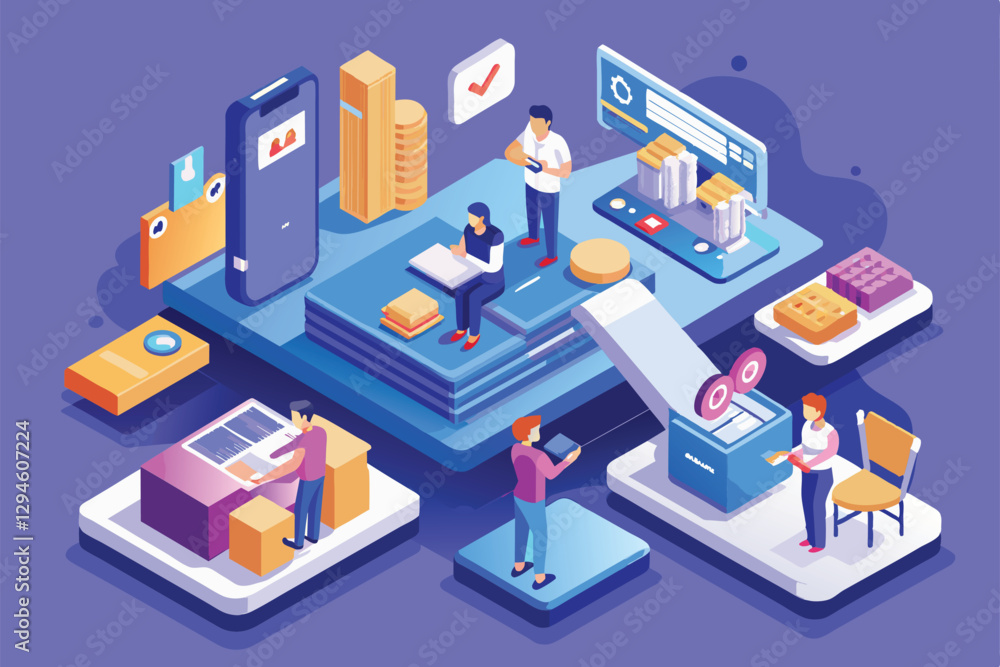 Poster a colorful isometric illustration shows users actively engaging in mobile testing in a tech-focused 
