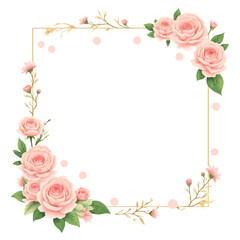 Watercolor pink rose golden floral frame with green leaves