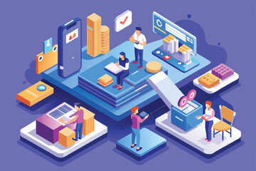 A colorful isometric illustration shows users actively engaging in mobile testing in a tech-focused environment, Mobile testing Customizable Isometric Illustration