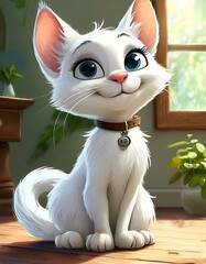 Fototapeta premium Cute fluffy white cat with big eyes. character design