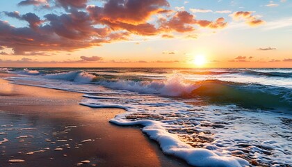 Sunset on the sandy beach. The sound of waves and sea foam. concept of relaxation and carefree