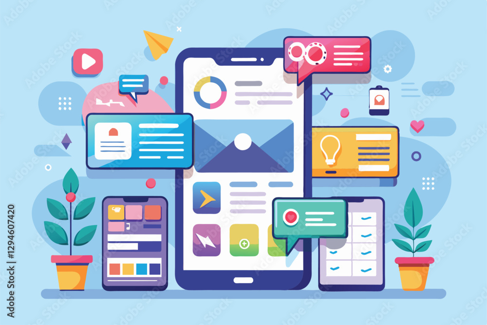 Poster this design showcases a mobile user interface with vibrant features, chat bubbles, and customization
