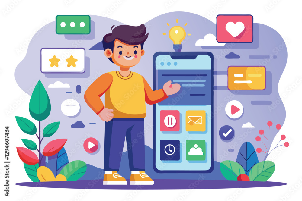 Poster a cartoon character interacts with a customizable mobile user interface in a creative design space, 