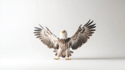 Obraz premium A dynamic shot of a soaring bald eagle with outstretched wings, isolated against a white background