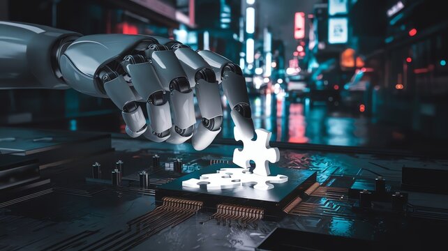 Robotic arm placing puzzle piece on circuit.