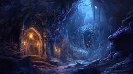 Mysterious Dark Blue And Orange Lit Cave Entrance With Stone Architecture