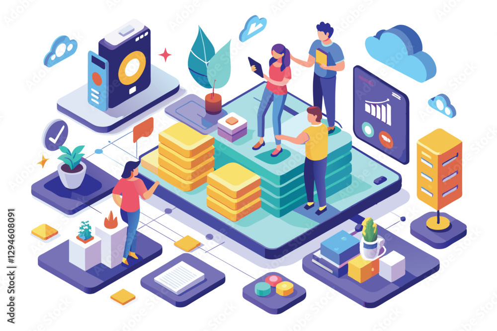 Poster the illustration features people engaging with customizable mobile ux elements in an isometric setti