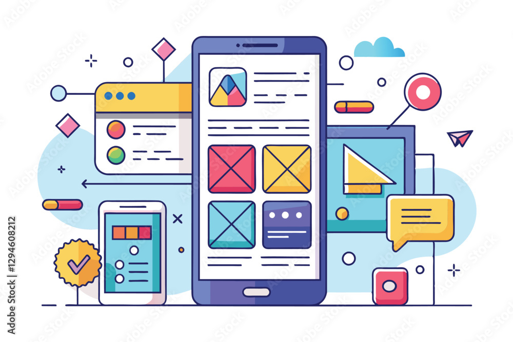 Poster a vibrant mobile wireframe layout features customizable interface elements and creative design compo