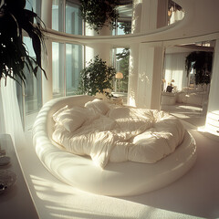 
a luxurious 1980s style apartment bed room, luxurious white cabinetry, and reflective surfaces. The space is elegantly lit with ambient lighting, highlighting the sleek modern design and rich materia
