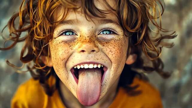 A cheerful child with messy hair sticks out his tongue playfully, showing his freckled face and bright eyes full of joy.