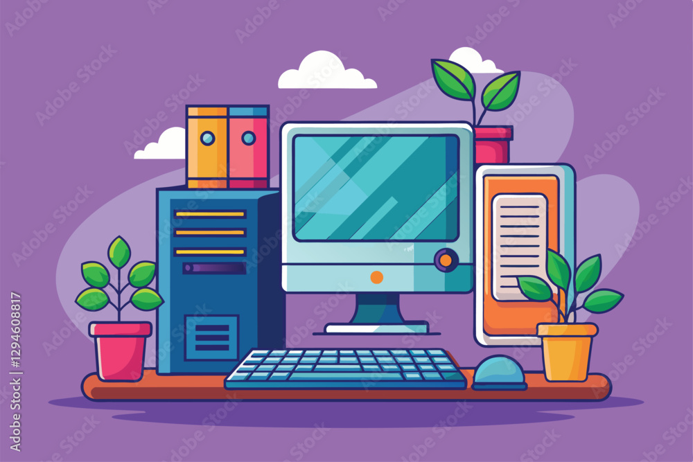 Poster a bright cartoon view of a customizable desktop computer setup with plants and organizers on a desk,