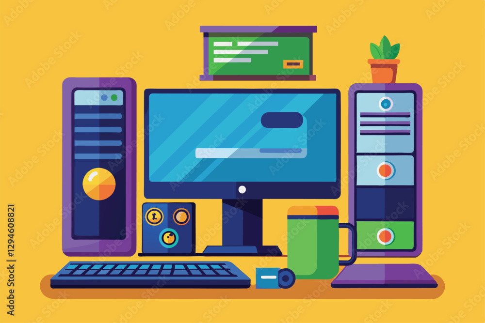 Poster a colorful cartoon drawing features a modern desktop computer setup with customizable elements, mode
