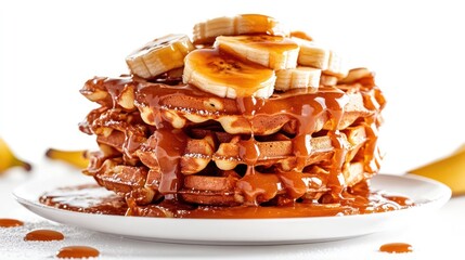 A fluffy waffle stack topped with caramelized banana slices and drizzled with thick caramel sauce