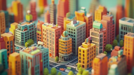 Obraz premium A 3D rendering of a bustling cityscape with colorful buildings and a busy street.