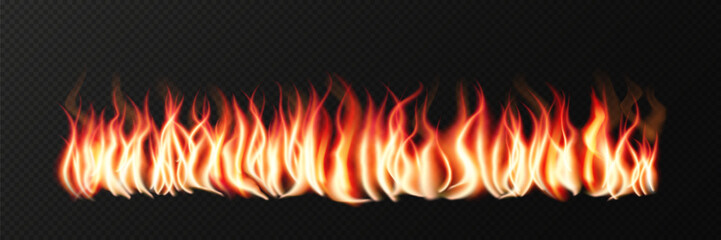 Fototapeta premium Flaming hot fire with realistic burning lines and fiery explosions. A detailed vector illustration featuring glowing orange flames and heat effects on a black background. Perfect for bonfire designs