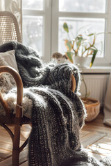 Cozy Charcoal Gray Knitted Sweater on Rustic Wooden Chair in Warmly Lit Room