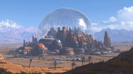 A large alien city thriving under a protective dome on a hostile planet