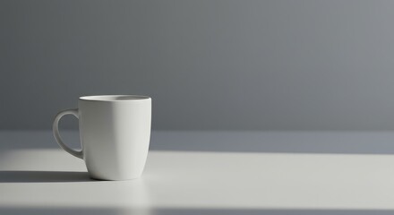 Fototapeta premium White ceramic mug on white table against grey background. Minimalist style coffee cup with copy space on right side. Simple and clean image for website, banner, advertising, product presentation, menu