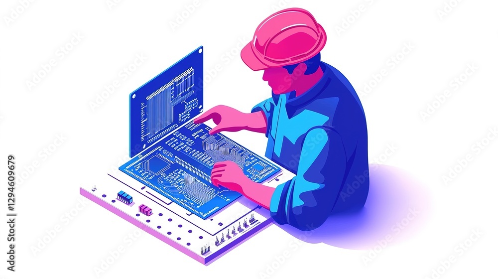 Poster hardware engineer assembling circuit boards tech workshop digital illustration clean background focu