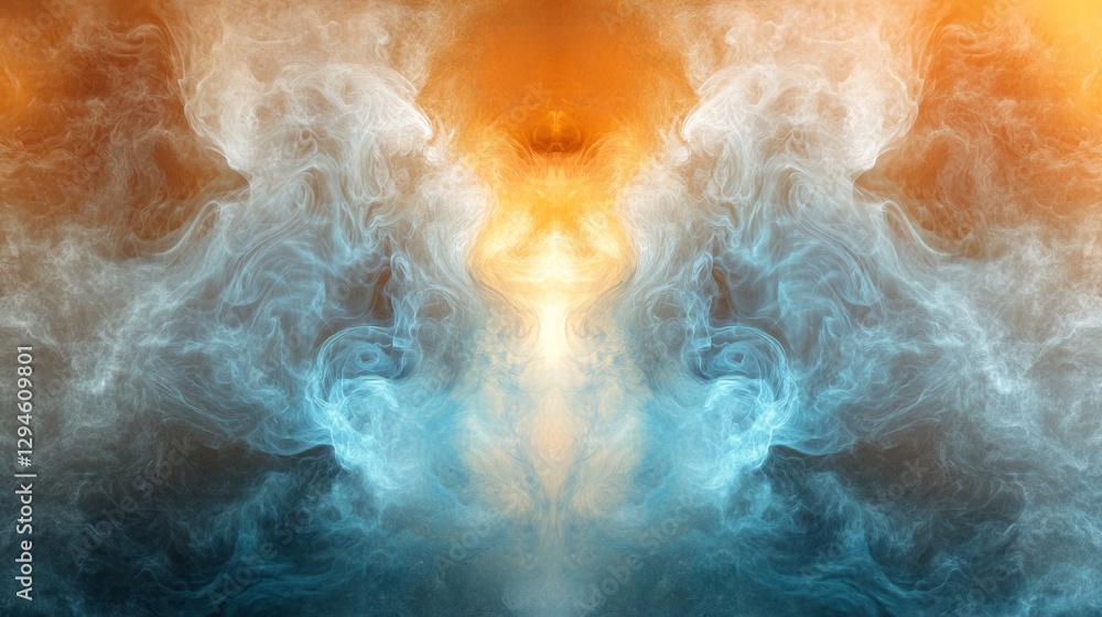Poster vivid clouds of blue and orange smoke intertwine, creating an enchanting visual symphony. the ethere