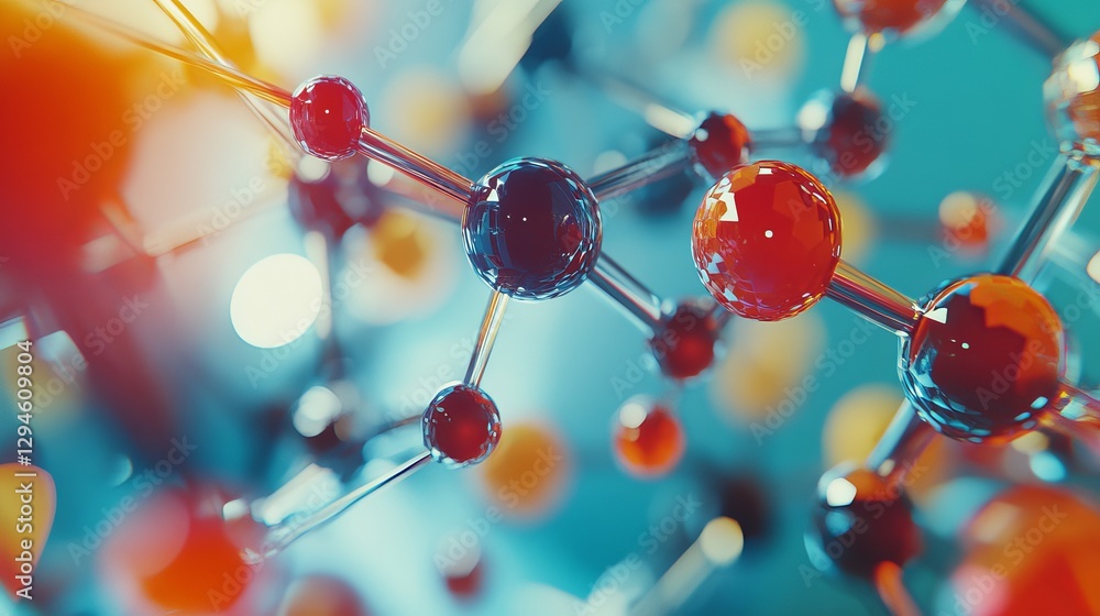 Poster abstract red and blue molecular structure science background detailed 3d render shiny atoms technolo