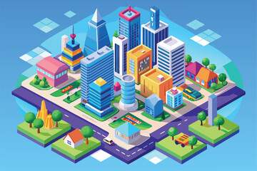 This illustration showcases a bustling modern city filled with various skyscrapers, parks, and homes, Modern Megapolis Isometric Map concept