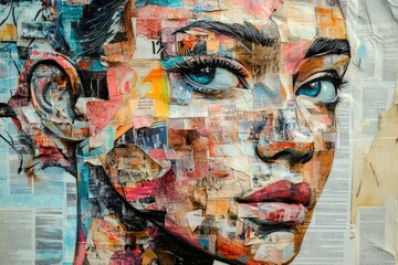 Collage portrait of woman using newsprint showing striking blue eyes.