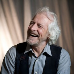 A portrait of an old man laughing ,wrinkles on face, beard, generated by AI