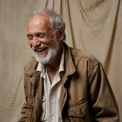 A portrait of an old man laughing ,wrinkles on face, beard, generated by AI