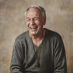 A portrait of an old man laughing ,wrinkles on face, beard, generated by AI