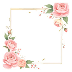 Watercolor pink rose golden floral frame with green leaves
