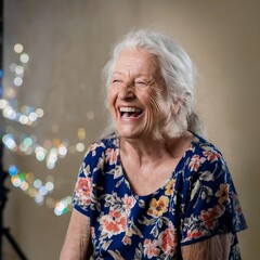A portrait of an old woman laughing ,wrinkles on face, generated by AI