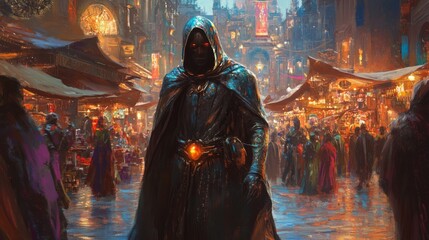 A man wearing futuristic clothing standing awkwardly in a medieval marketplace